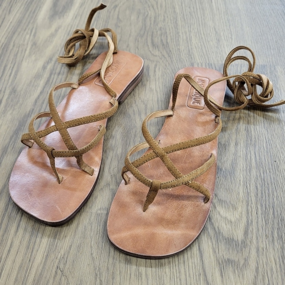 Mystique Artisan Crafted Ankle Wrap / Lace Up Neutral Toned Boho Flat Sandals